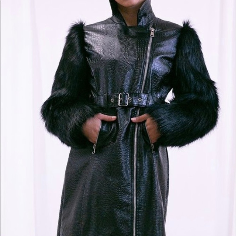 BEAUTIFUL leather with fur long dress up jacket